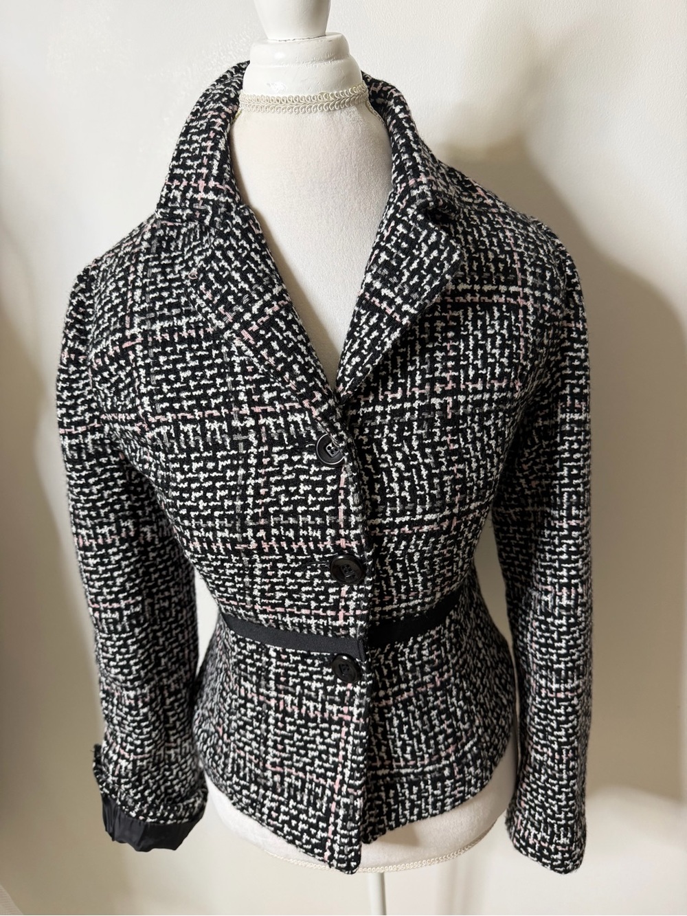 Sashimi, Womens Black & White Tweed Button Jacket with Subtle Pink Accents Med